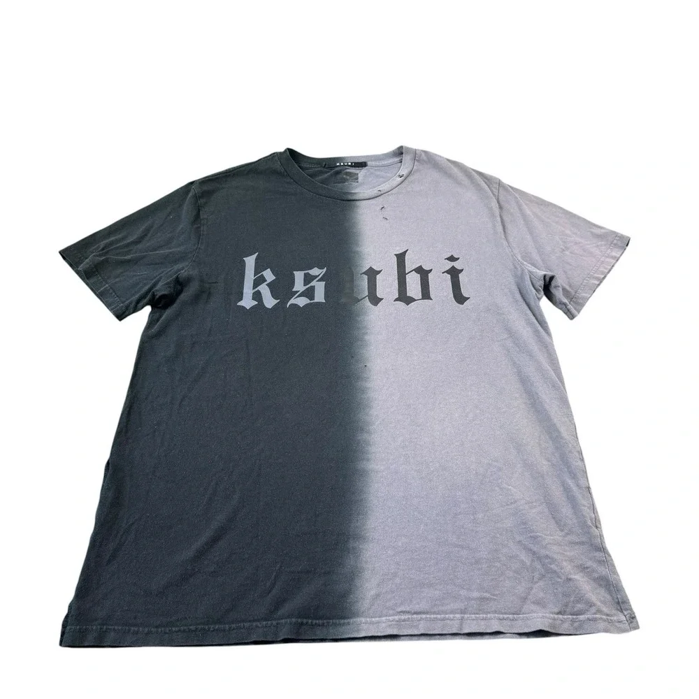 Ksubi Gray Black Distressed Men's Cotton Spellout T Shirt Size Large L